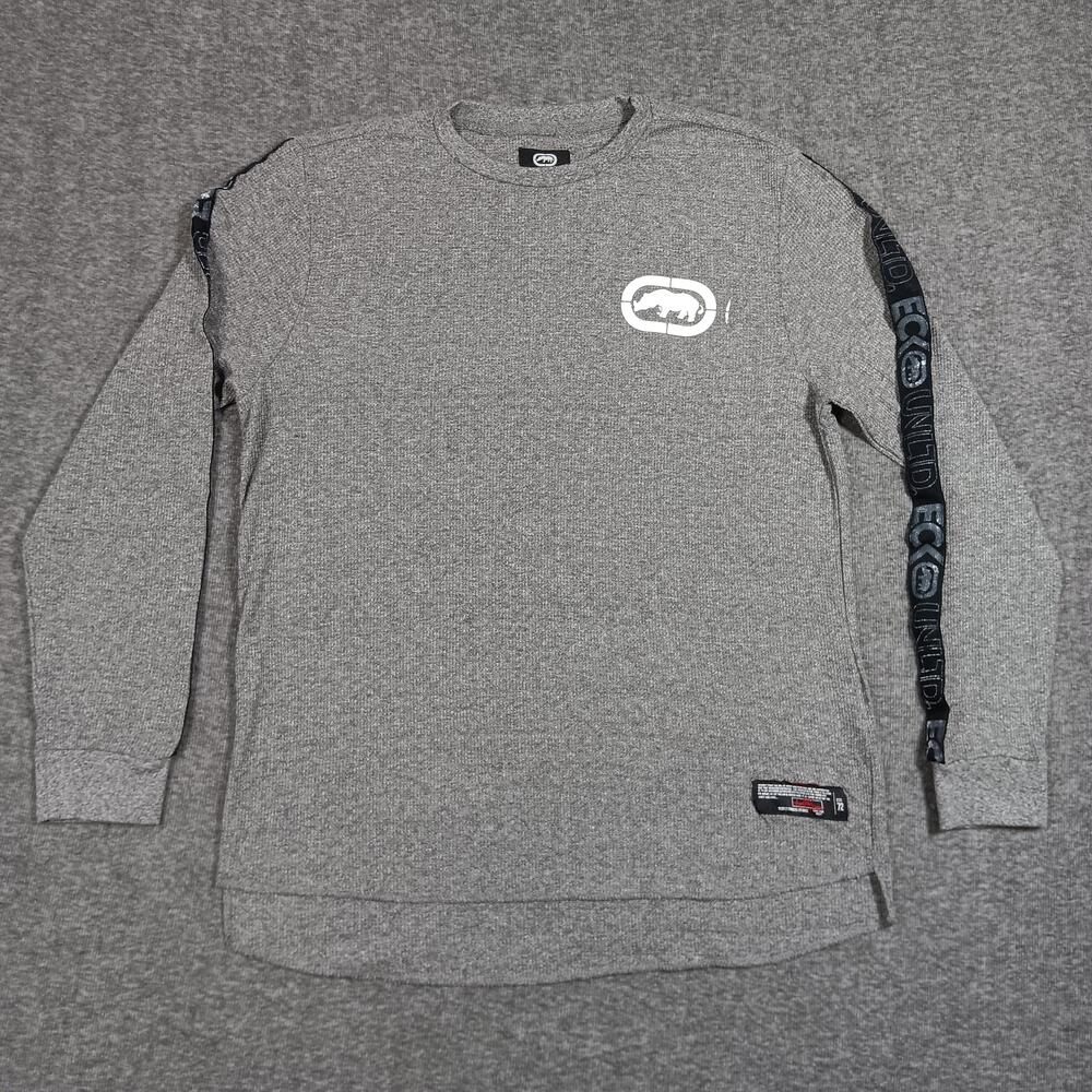 Ecko Unltd Sweater Mens Large Gray Long Sleeve Waffle Knit Crewneck Logo Rhino